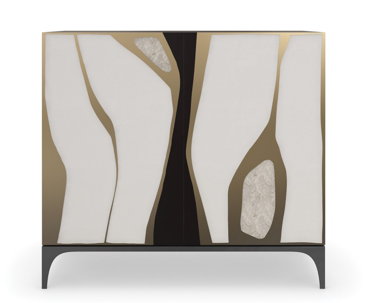 The Caracole "Downtown" bar cabinet, a luxurious and modern chest with door fronts framed in Chocolate Truffle lacquer, featuring a tactile mix of faux shagreen and Café Latte hand-printed resin with a Brushed Gold overlay, and resting on a Tungsten metal base.