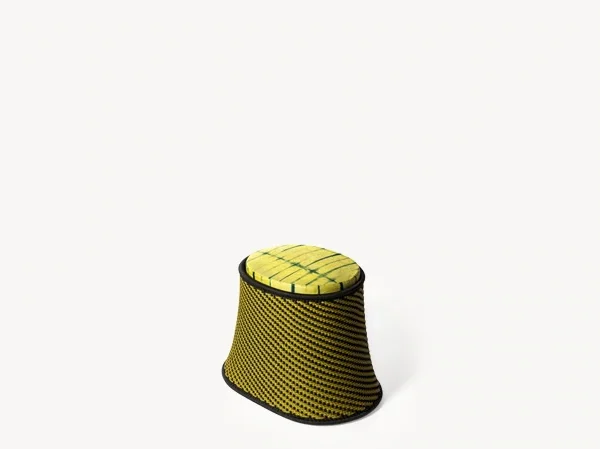 Baobab Pouf by Moroso in multicolor handwoven polyethylene and painted steel base, front view in a Royal Oak Michigan showroom
