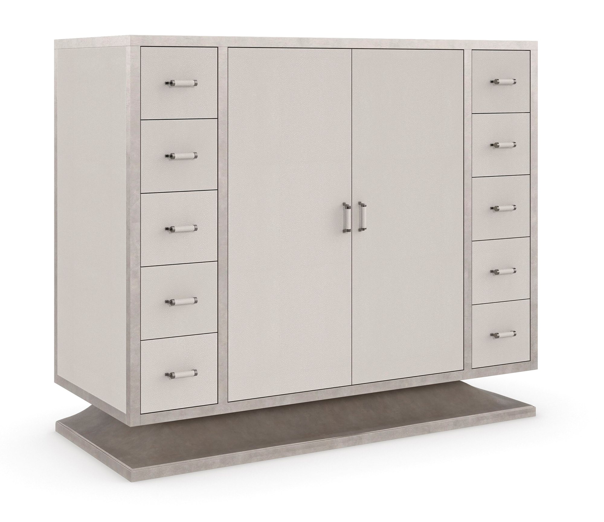 What's In Store by Caracole — a tall storage cabinet with elegant doors and metallic hardware.