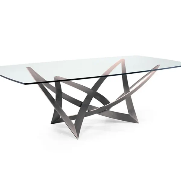 Infinito 72 by Reflex showcased in Royal Oak Michigan showroom, modern Italian luxury dining table with sculptural forged iron base and glass top.