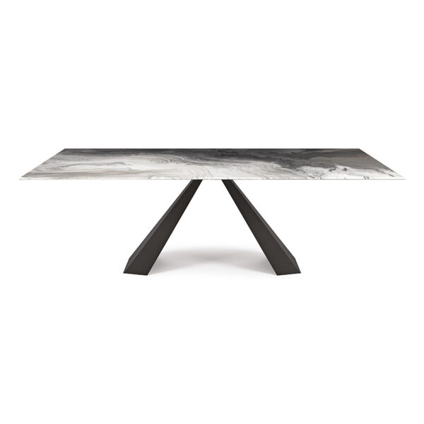 “ELIOT Crystalart by Cattelan Italia – luxury Italian dining table with artistic printed Crystalart glass top and sculptural metal base”