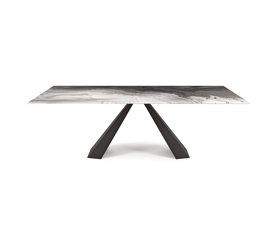 “ELIOT Crystalart by Cattelan Italia – luxury Italian dining table with artistic printed Crystalart glass top and sculptural metal base”