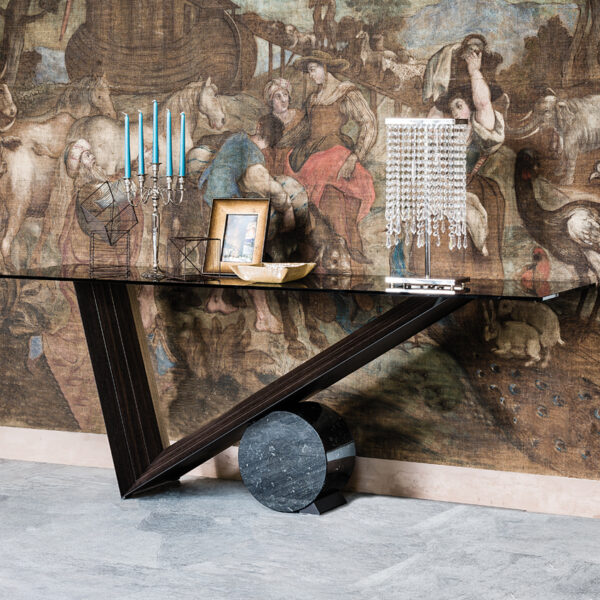 “VALENTINO by Cattelan Italia – luxury dining table with sculptural V-shaped base and elegant glass or wood top”