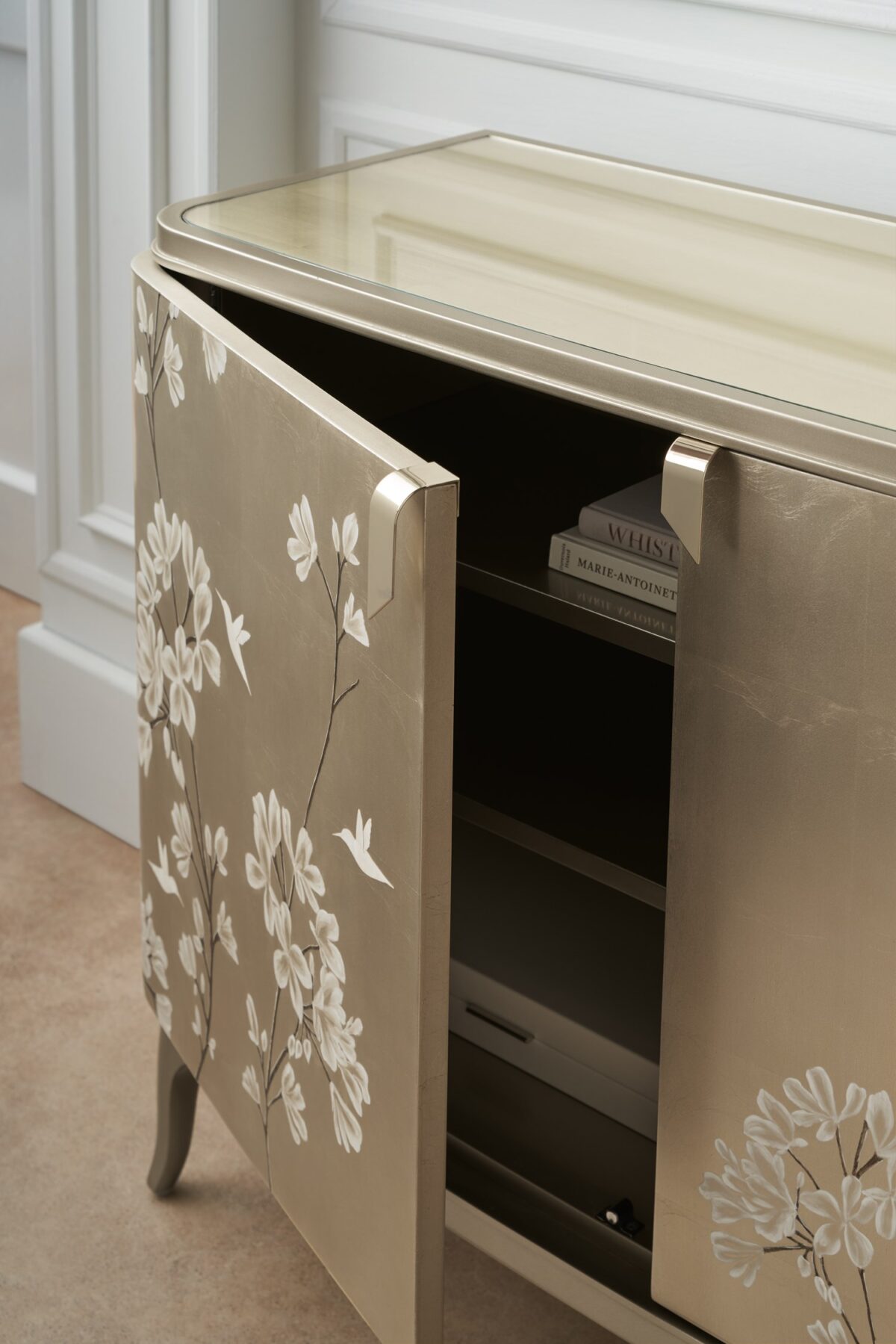 Front view of Eden bed highlighting its tall, curved headboard and sleek base.