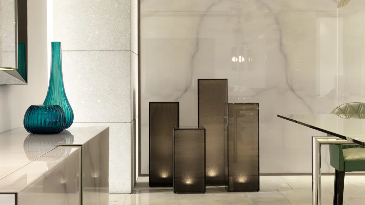 Boreal Reflex luxury Italian console cabinet with metallic trim crafted for sophisticated Birmingham Michigan homes