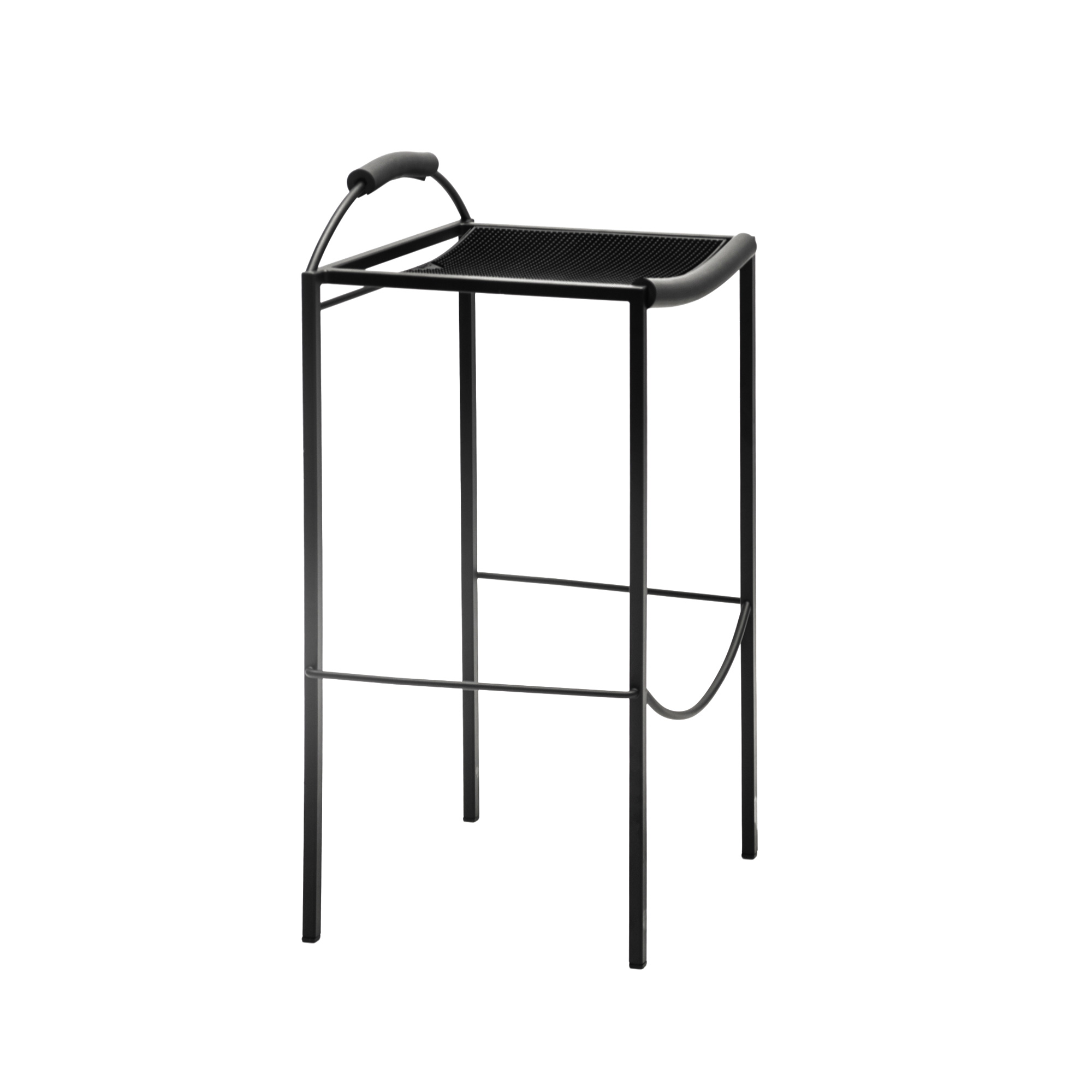 Black epoxy-painted steel frame of the SGABELLO Alto stool paired with a sleek rubber seat in a contemporary home bar.
