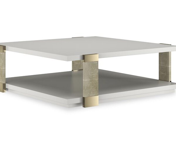 I’ll Take The Corner Cocktail Table by Caracole — L-shaped modern table with clean lines and open shelving.