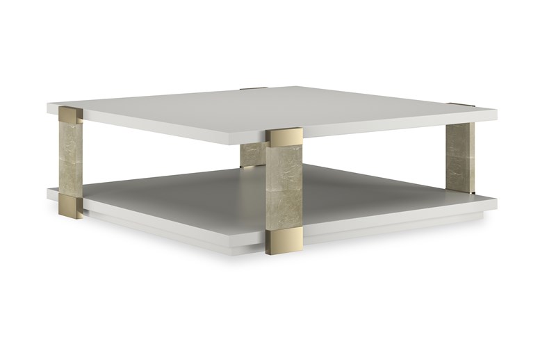 I’ll Take The Corner Cocktail Table by Caracole — L-shaped modern table with clean lines and open shelving.