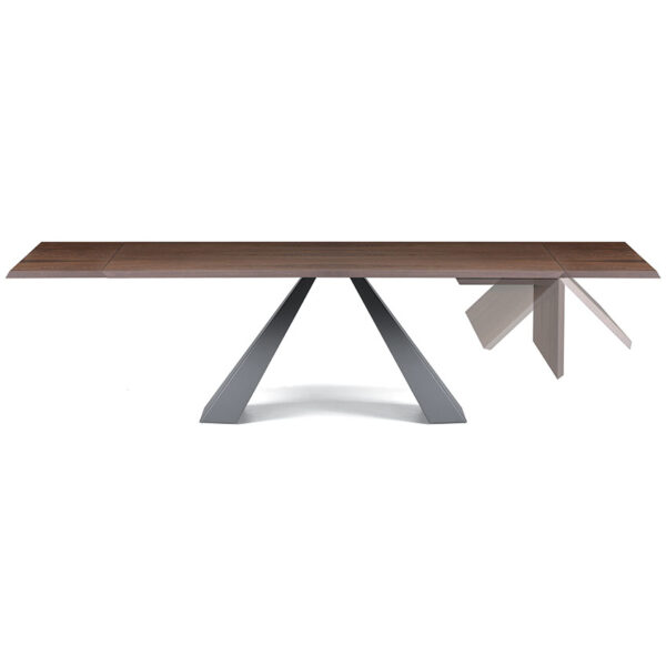 “Angled view of ELIOT Wood Drive by Cattelan Italia – contemporary dining table blending natural wood finish with bold base design"