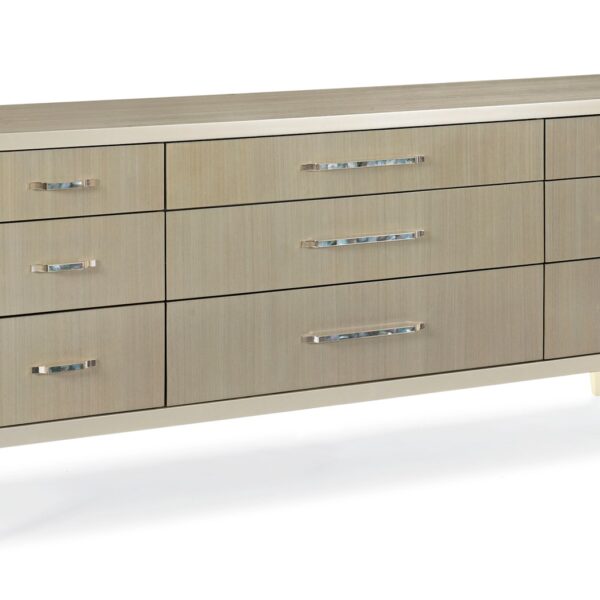 Caracole ALL DRESSED UP chest, featuring a unique cracked glass or shattered mirror effect on its door panels, contrasted with a smooth wood finish.