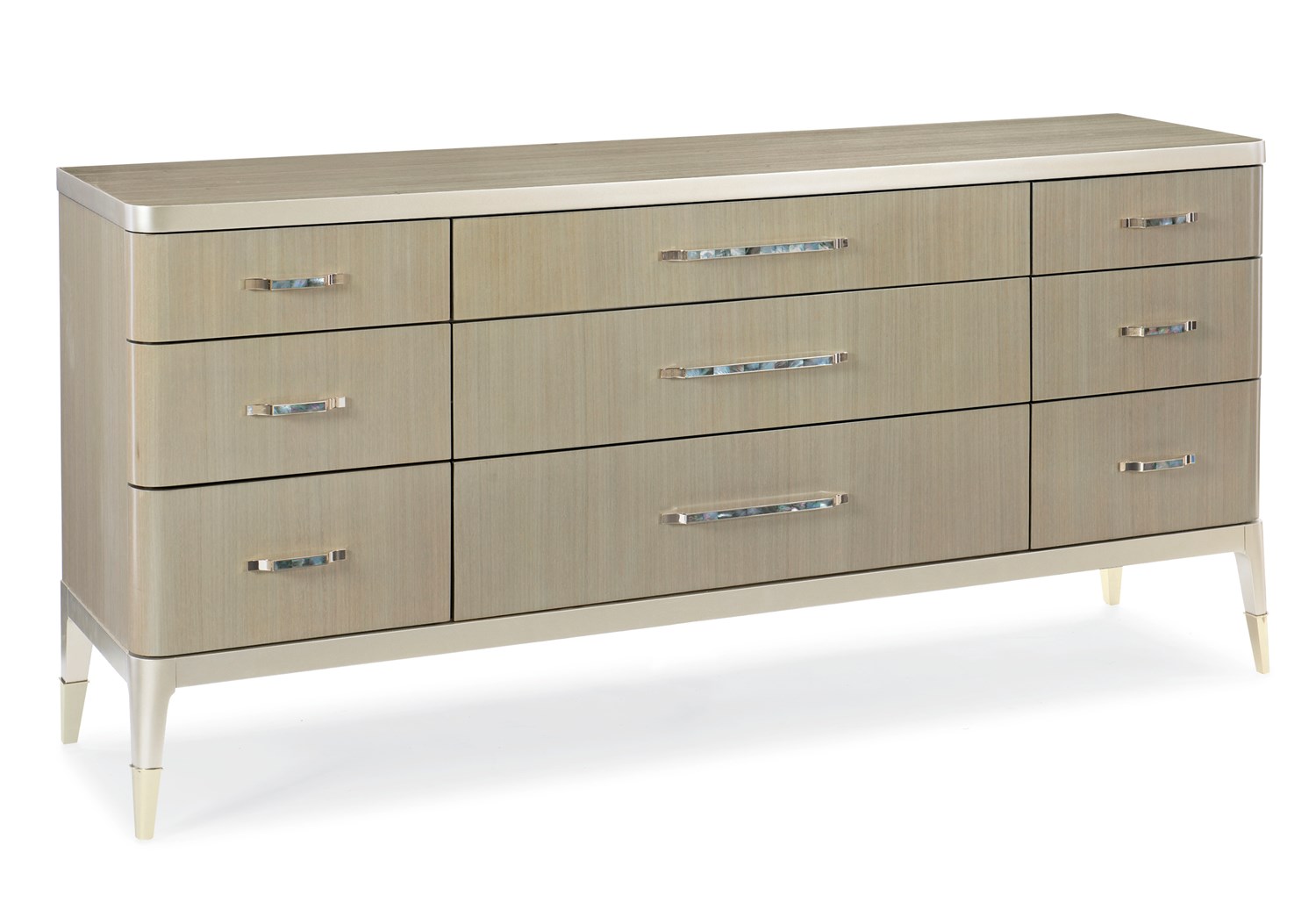 Caracole ALL DRESSED UP chest, featuring a unique cracked glass or shattered mirror effect on its door panels, contrasted with a smooth wood finish.