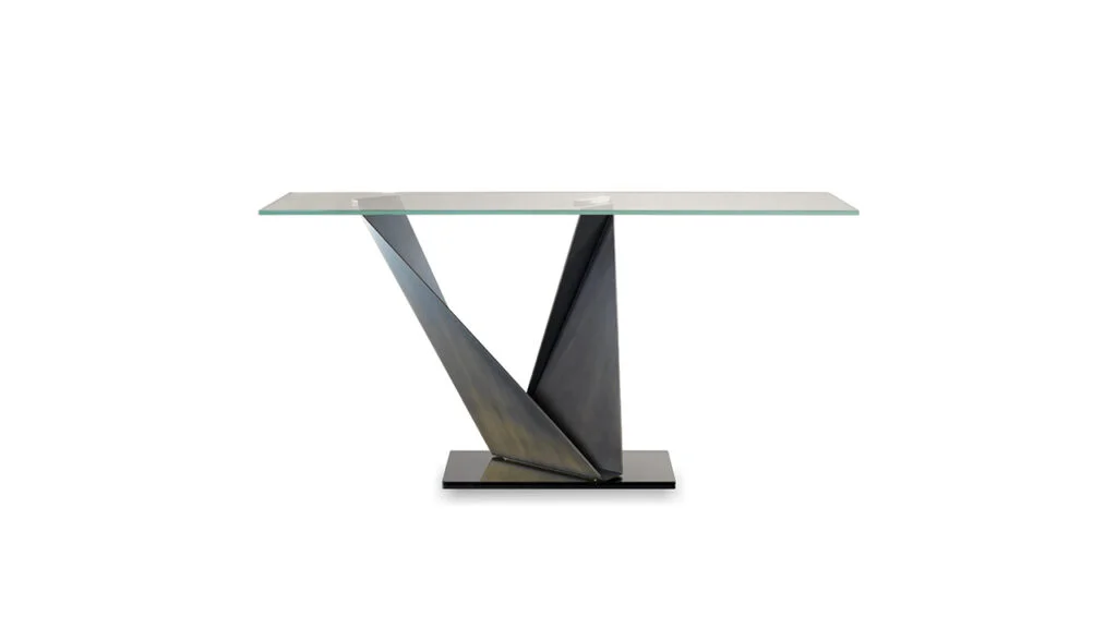 “PRISMA STEEL CONSOLE by Reflex – sleek Italian console with steel base.”