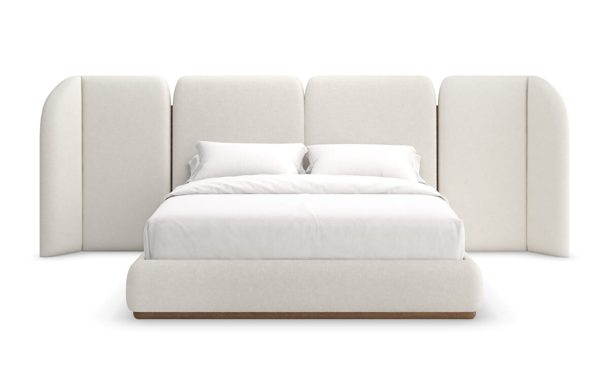 Caracole Malta Upholstered King Bed featuring a fully upholstered frame in deep-pile microfiber, complemented by a Toasted Pecan wood base, with softly rounded edges and a soothing symmetrical design.