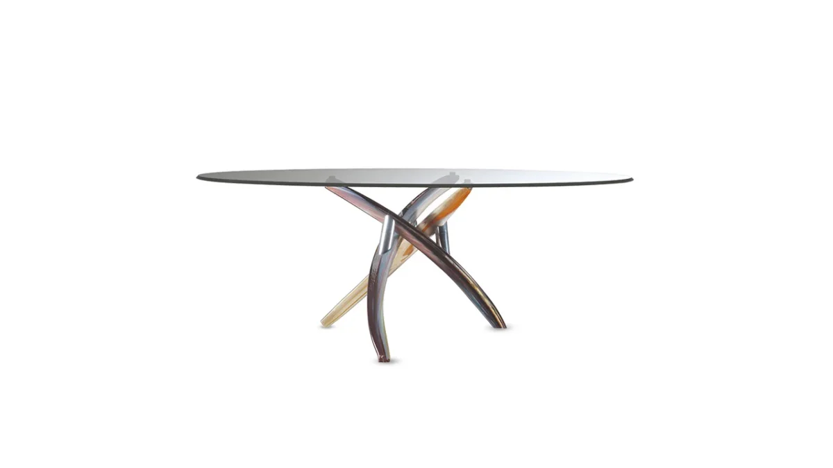 Fili D'erba 72 by Reflex showcased in Royal Oak Michigan showroom, modern Italian luxury dining table with Murano glass base.