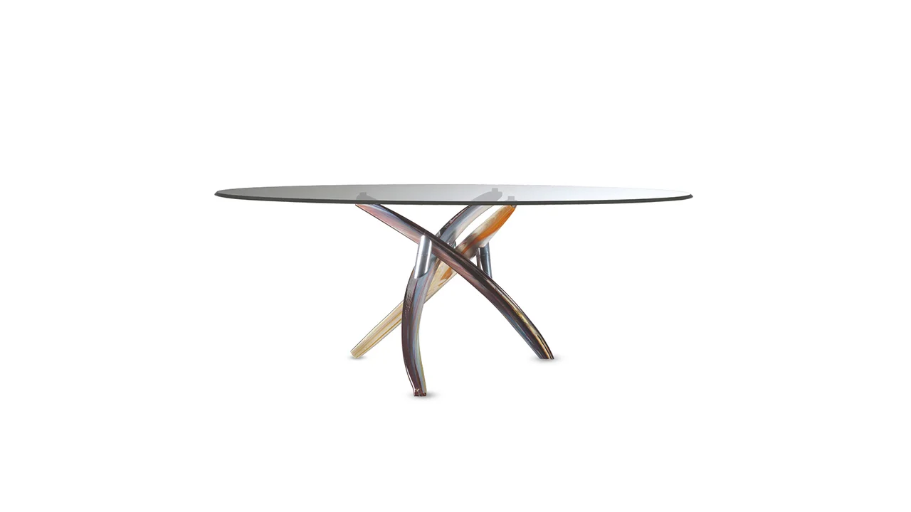 Fili D'erba 72 by Reflex showcased in Royal Oak Michigan showroom, modern Italian luxury dining table with Murano glass base.