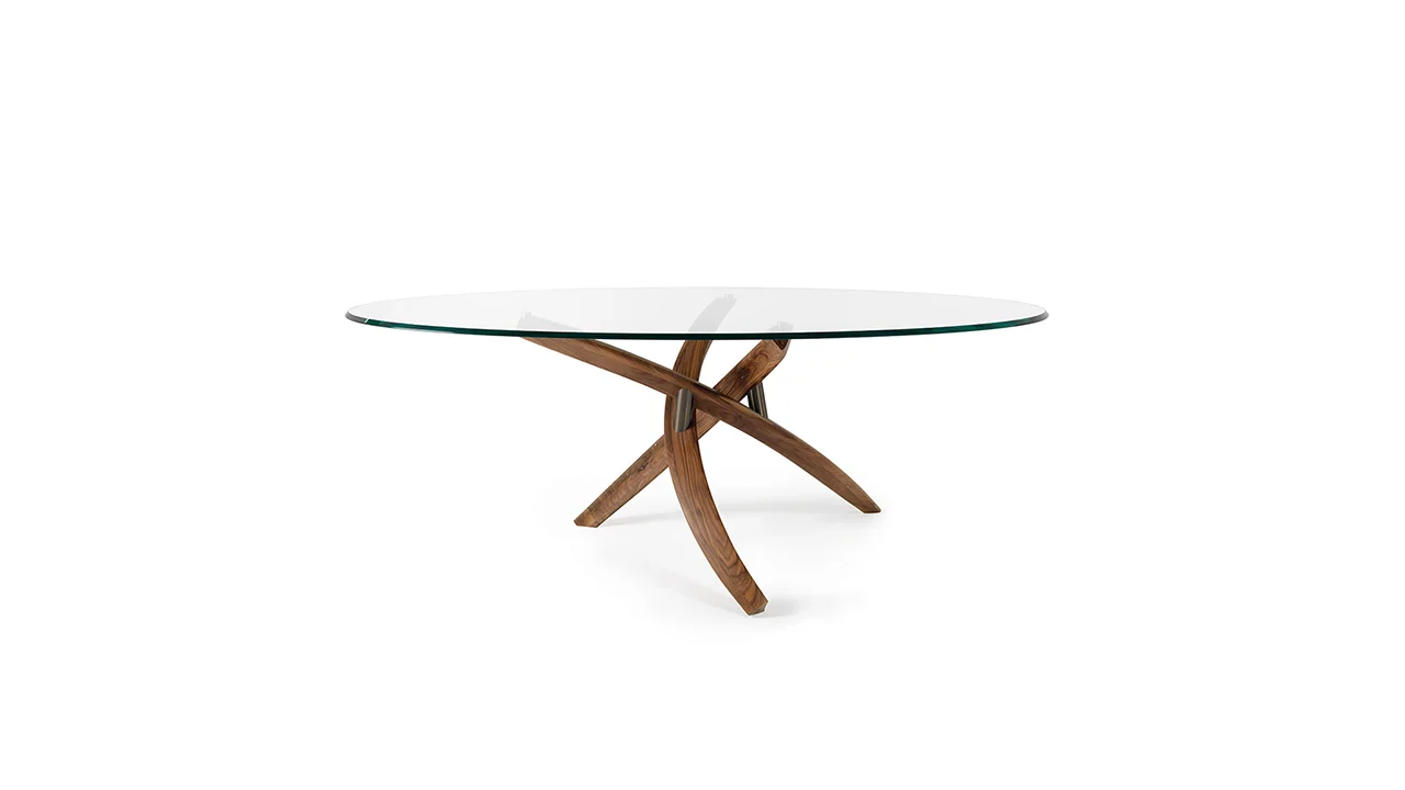 Fili D'erba 72 Legno by Reflex showcased in Royal Oak Michigan showroom, modern Italian luxury dining table with Canaletto walnut base and glass top.