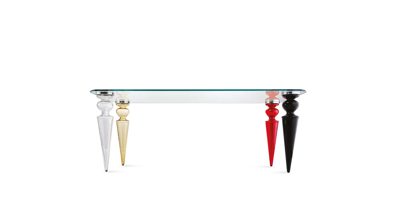 Gran Canal 72 by Reflex showcased in Royal Oak Michigan showroom, modern Italian luxury dining table with Murano glass legs and glass top.