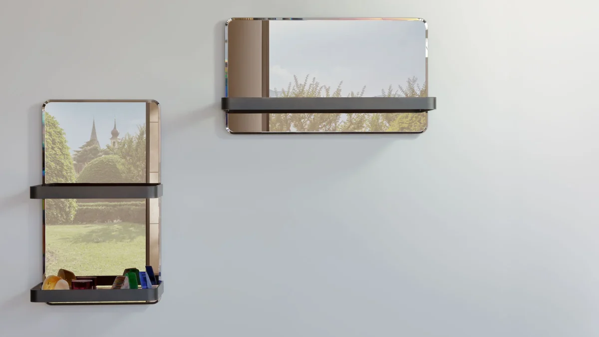 Shelf Mirror Reflex modern Italian mirrored shelf unit with lacquered trim tailored for luxury entryways in Royal Oak Michigan