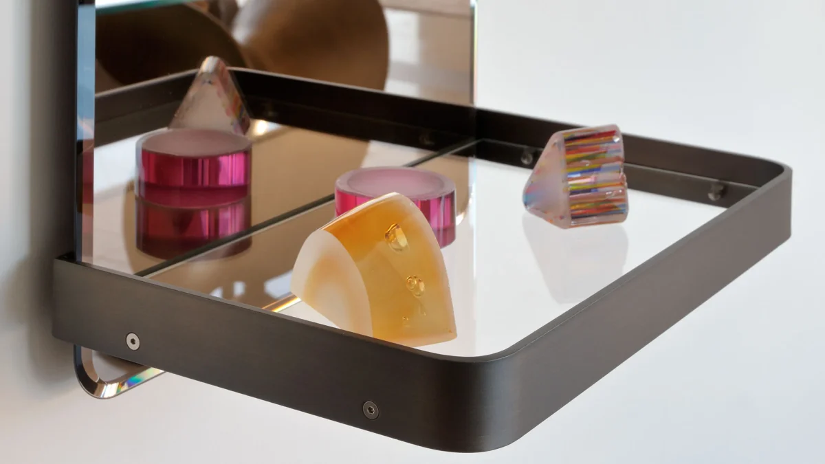 Shelf Mirror Reflex modern Italian mirrored shelf unit with lacquered trim tailored for luxury entryways in Royal Oak Michigan
