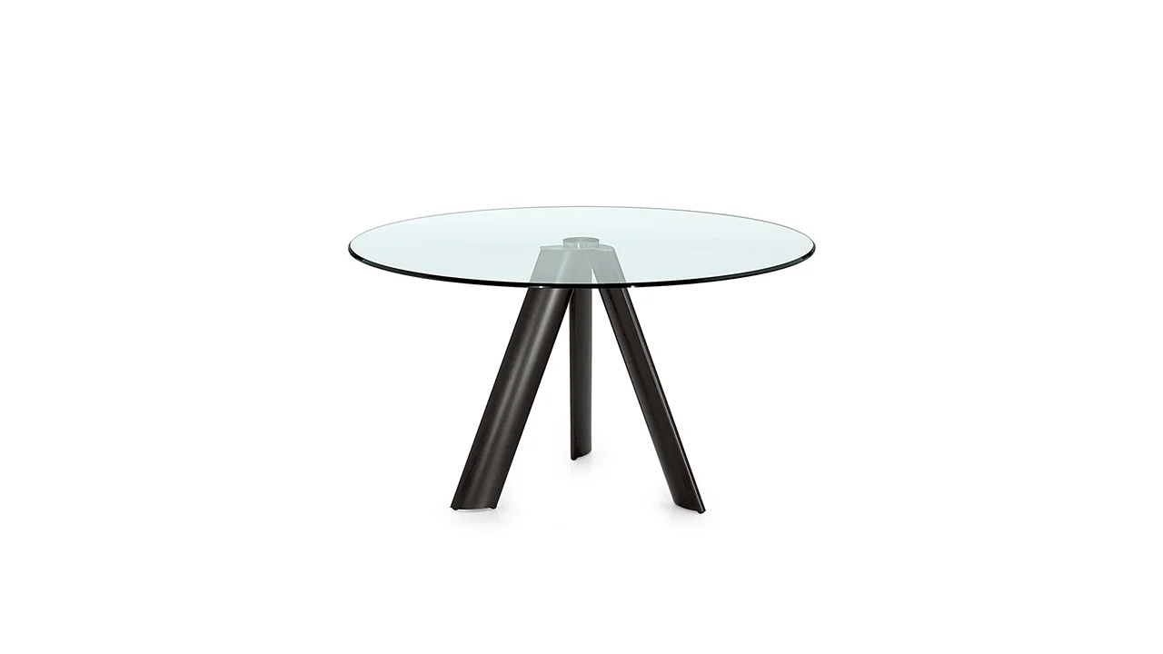 Modern Lem 72 dining table by Reflex Angelo in Royal Oak, MI – featuring a brushed aluminum base and transparent glass top.