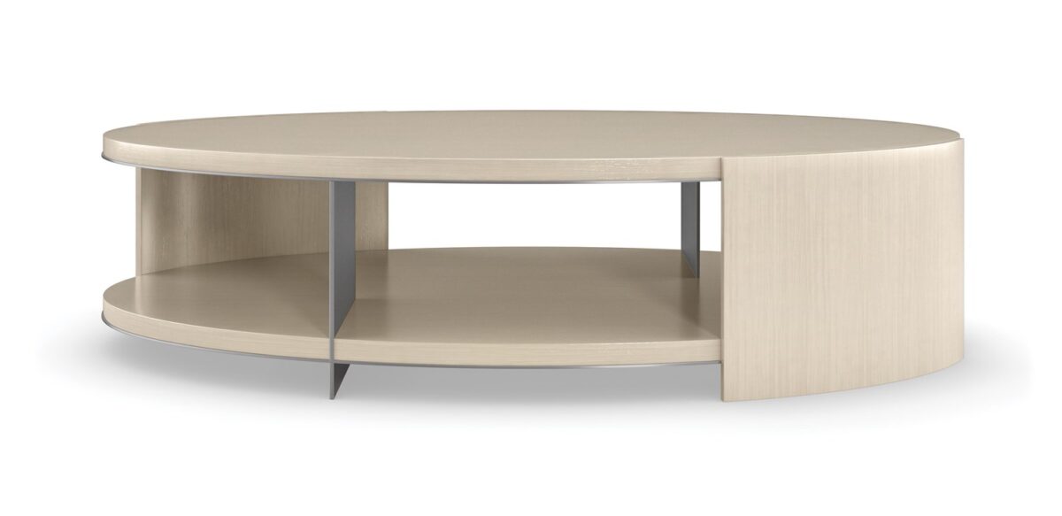 Luxurious cocktail table featuring a white stone surface and artfully curved metallic legs.
