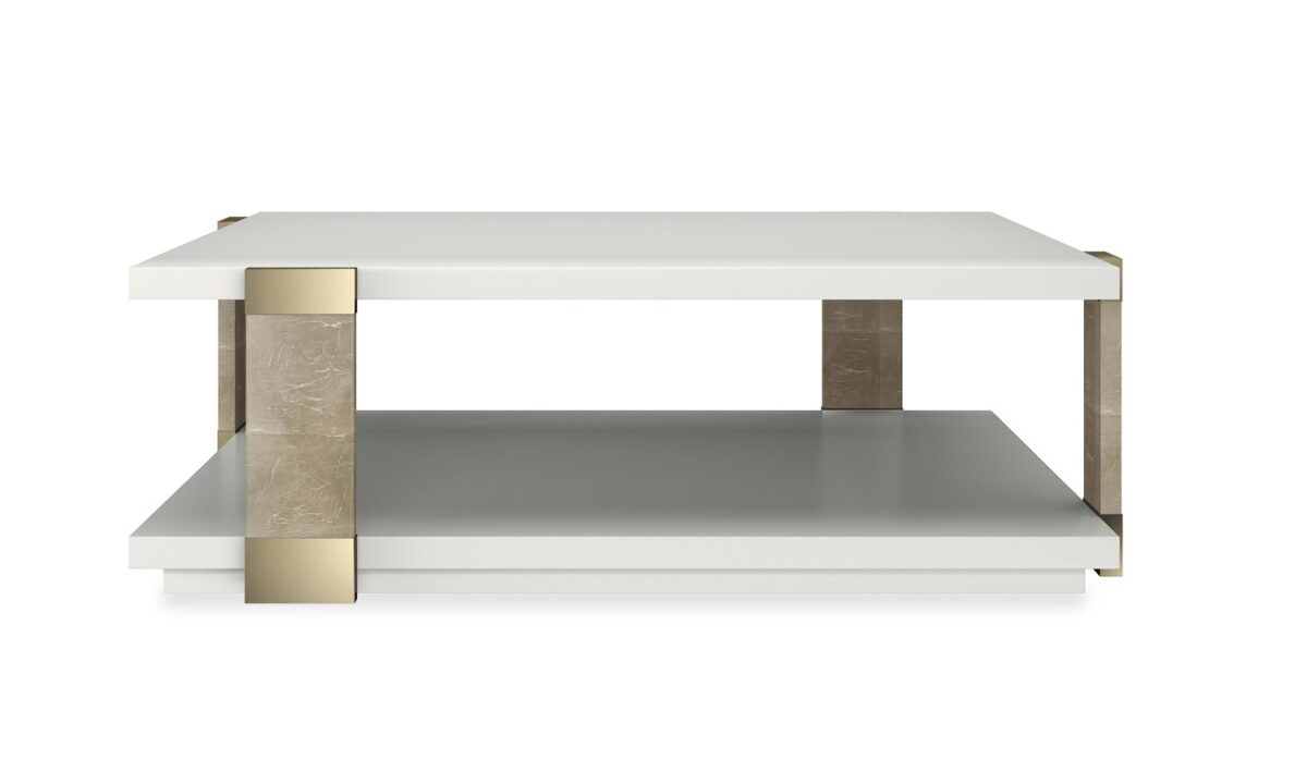 L-shaped cocktail table designed to fit snugly into sectional arrangements.