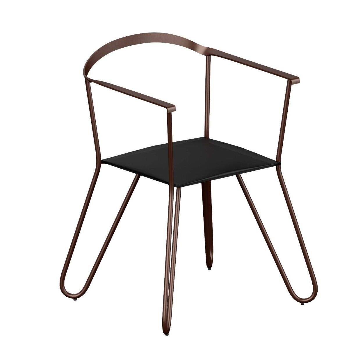 Melissa Armchair by Zeusnoto with sleek curved steel frame and black faux leather padded seat, finished in copper black sand-touch powder coat.