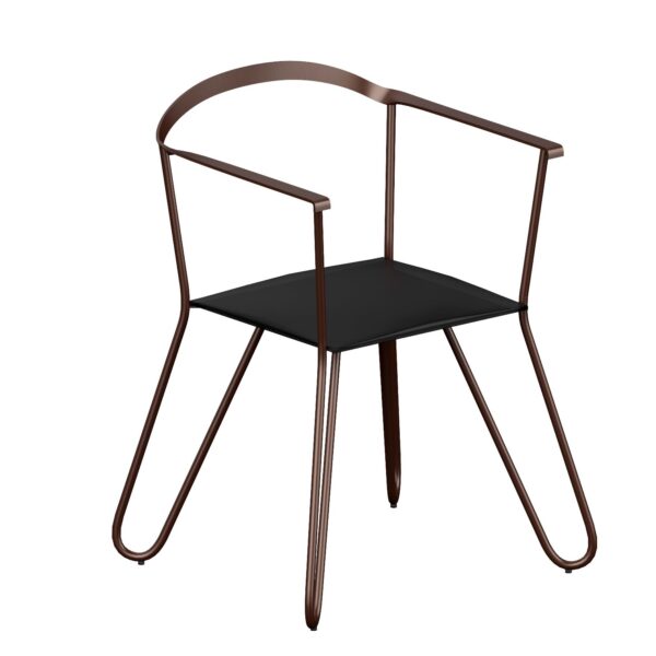 Melissa Armchair by Zeusnoto with sleek curved steel frame and black faux leather padded seat, finished in copper black sand-touch powder coat.