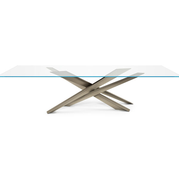 “Side view of LANCER by Cattelan Italia – contemporary table featuring crisscrossed steel legs and minimalist glass surface”