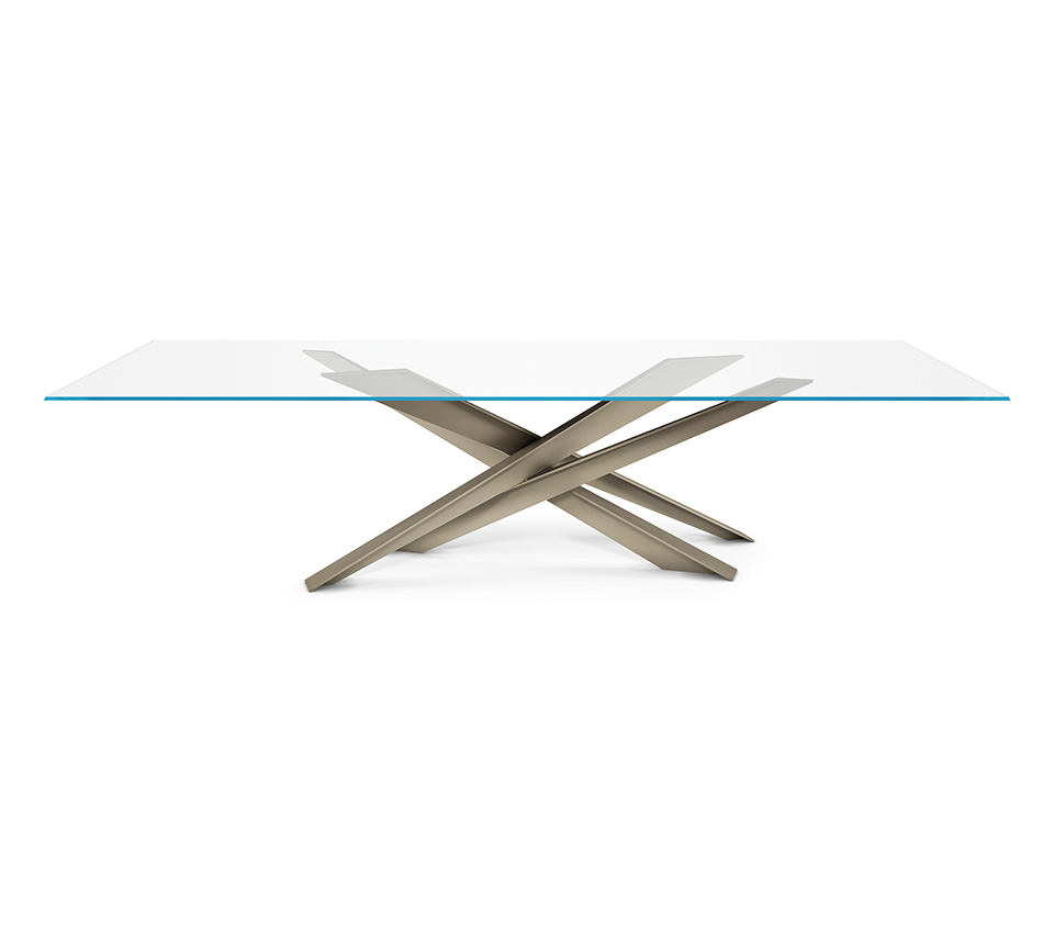“Side view of LANCER by Cattelan Italia – contemporary table featuring crisscrossed steel legs and minimalist glass surface”