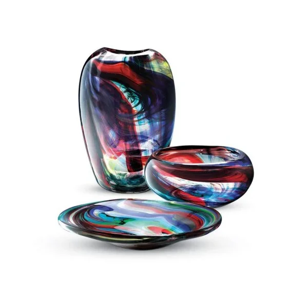 Murano glass vases on modern display shelf