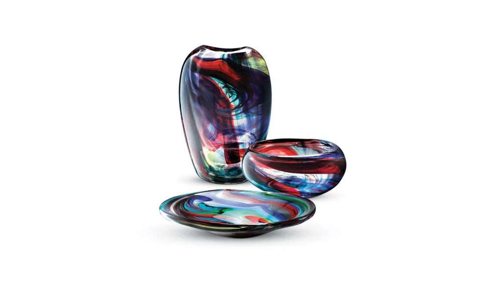 Murano glass vases on modern display shelf