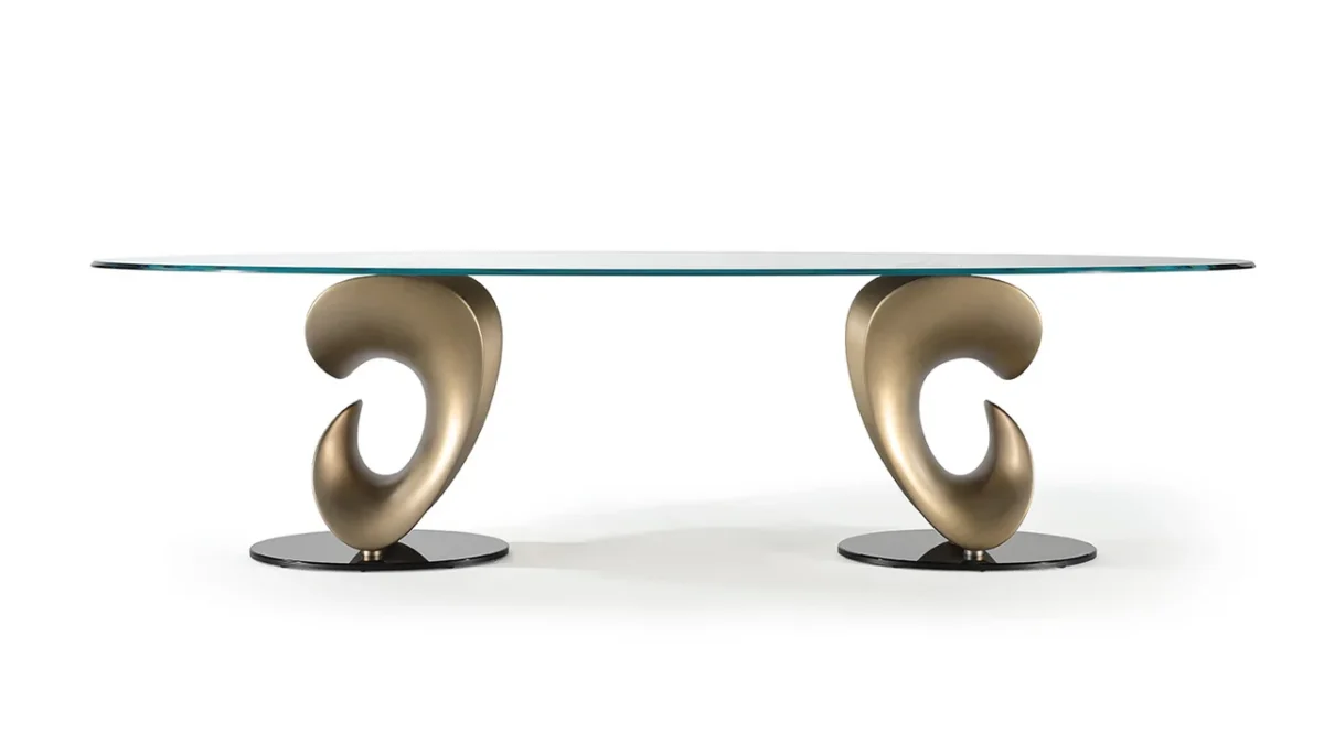 Parentesis 72 by Reflex showcased in Royal Oak Michigan showroom, modern Italian luxury dining table with artistic glass top and sculptural metal base.