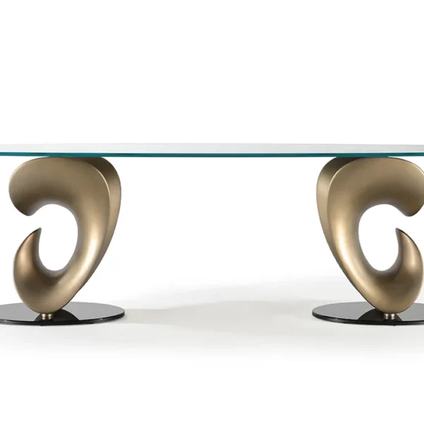 Parentesis 72 by Reflex showcased in Royal Oak Michigan showroom, modern Italian luxury dining table with artistic glass top and sculptural metal base.