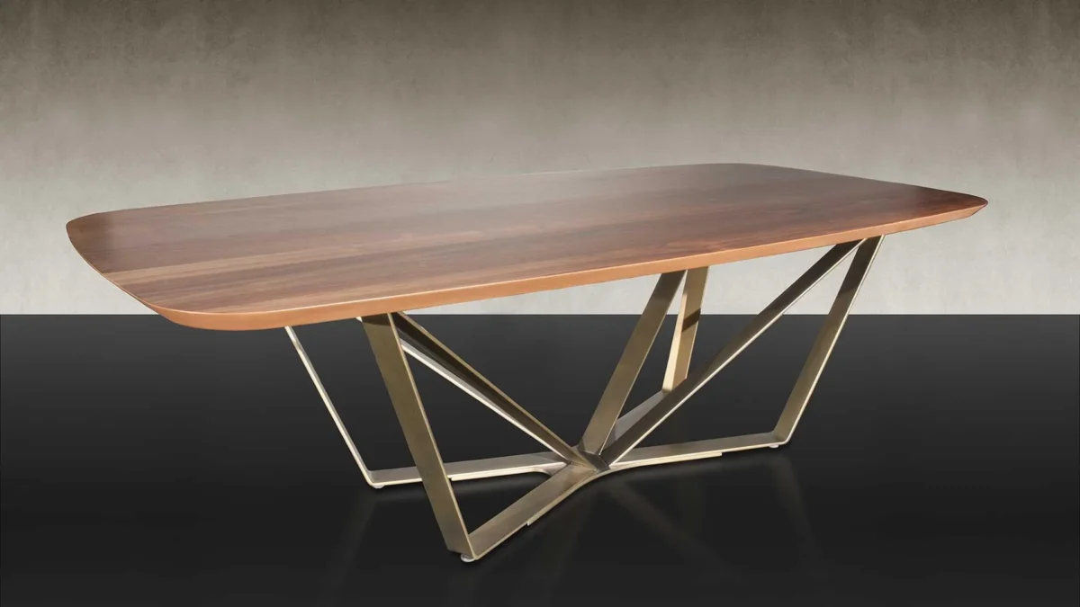 Papillon 72 by Reflex showcased in Royal Oak Michigan showroom, modern Italian luxury dining table with sculptural iron base and glass top.