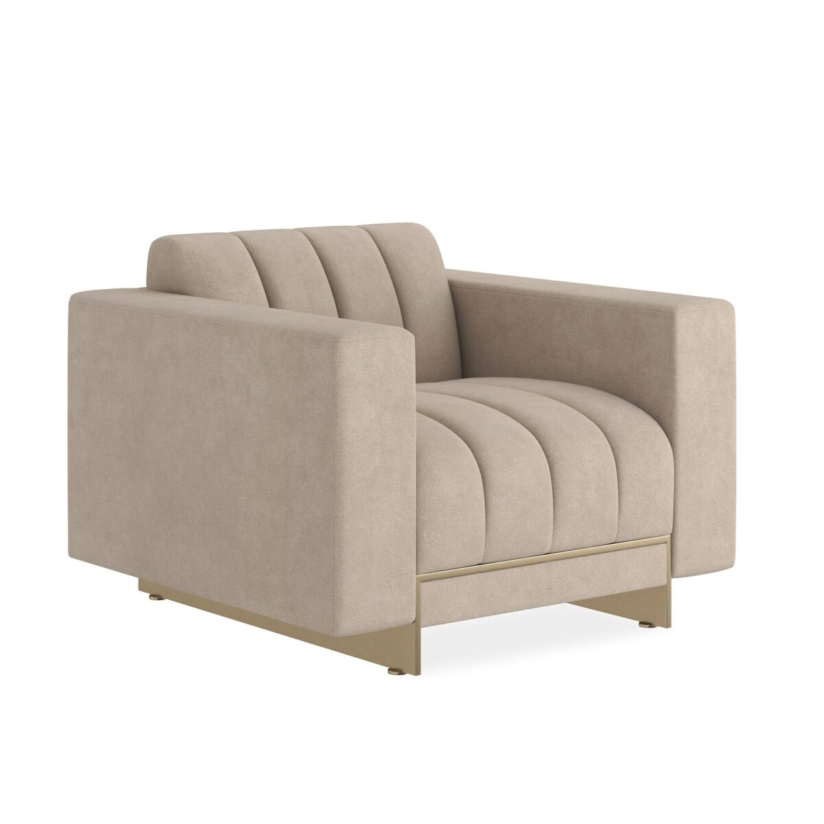 The Caracole Well Balanced Chair, featuring a tight seat and back with channel tufting, upholstered in a shimmering Moonstone basketweave fabric, and resting on a thin Whisper of Gold stainless steel frame with matching beading down the back.