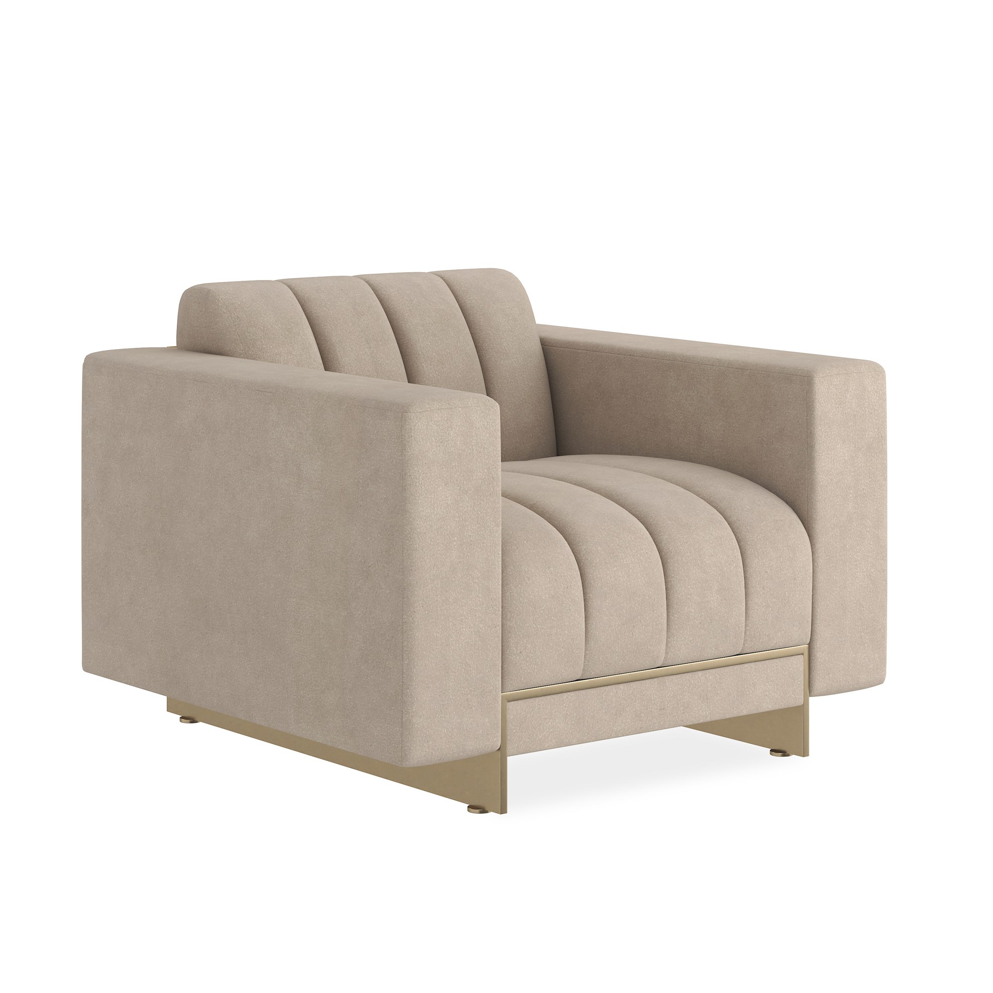 The Caracole Well Balanced Chair, featuring a tight seat and back with channel tufting, upholstered in a shimmering Moonstone basketweave fabric, and resting on a thin Whisper of Gold stainless steel frame with matching beading down the back.
