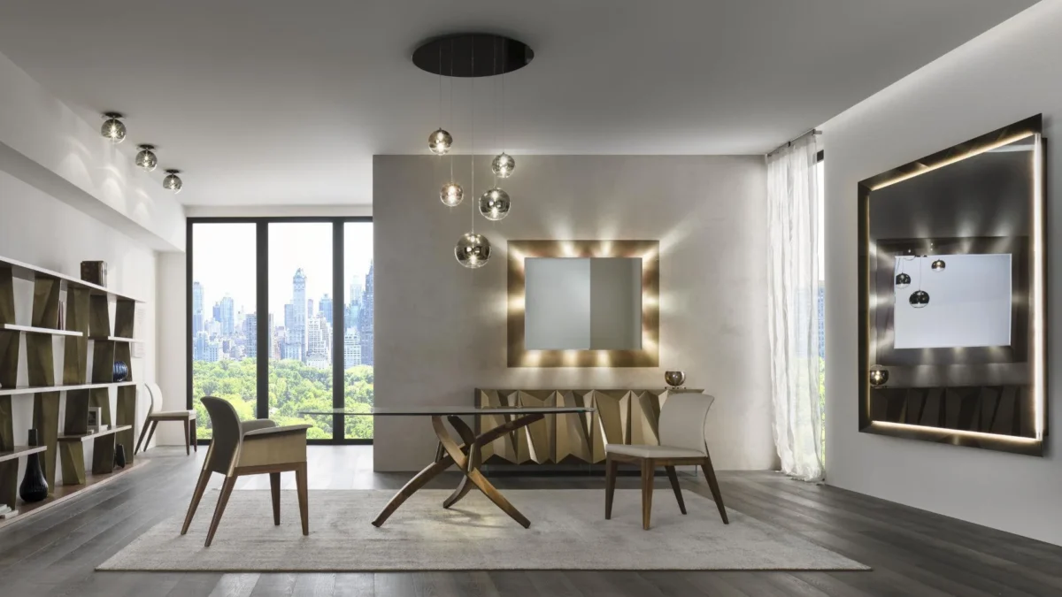 Fili D'erba 72 by Reflex showcased in Royal Oak Michigan showroom, modern Italian luxury dining table with Murano glass base.