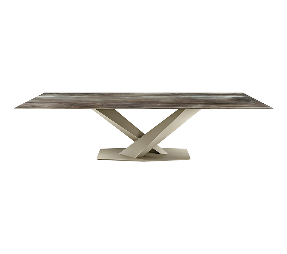 “STRATOS Crystalart by Cattelan Italia – luxury Italian dining table with artistic printed glass top and sculptural steel base”