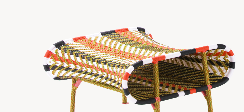 Sunny chair by Moroso in Multigreen, handwoven polyethylene strands on a painted steel frame, with a curved high backrest