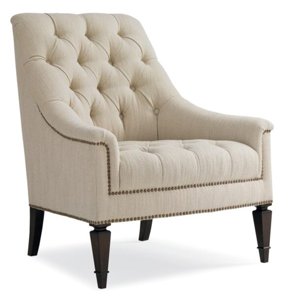 Classic Elegance Collection by Caracole featuring traditional elements like button-tufting, decorative nailhead trim, and carved wood feet in a rich Chestnut finish, upholstered in soft velvet or herringbone fabric for a timeless, sophisticated look