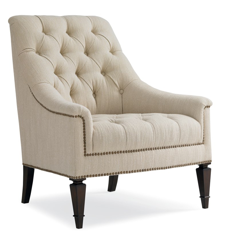 Classic Elegance Collection by Caracole featuring traditional elements like button-tufting, decorative nailhead trim, and carved wood feet in a rich Chestnut finish, upholstered in soft velvet or herringbone fabric for a timeless, sophisticated look