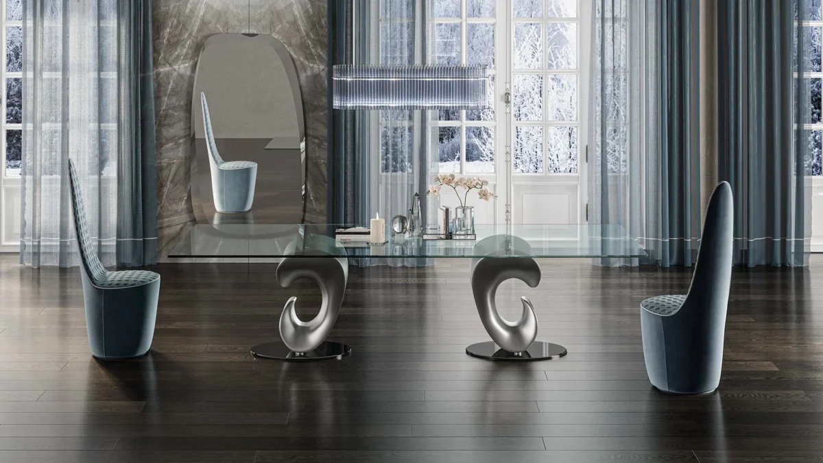 Parentesis 72 by Reflex showcased in Royal Oak Michigan showroom, modern Italian luxury dining table with artistic glass top and sculptural metal base.