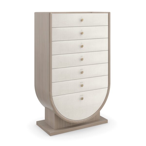 Elegant tall chest of drawers with a sculptural, Grecian-inspired form and textured finish, AMPHORA by Caracole.