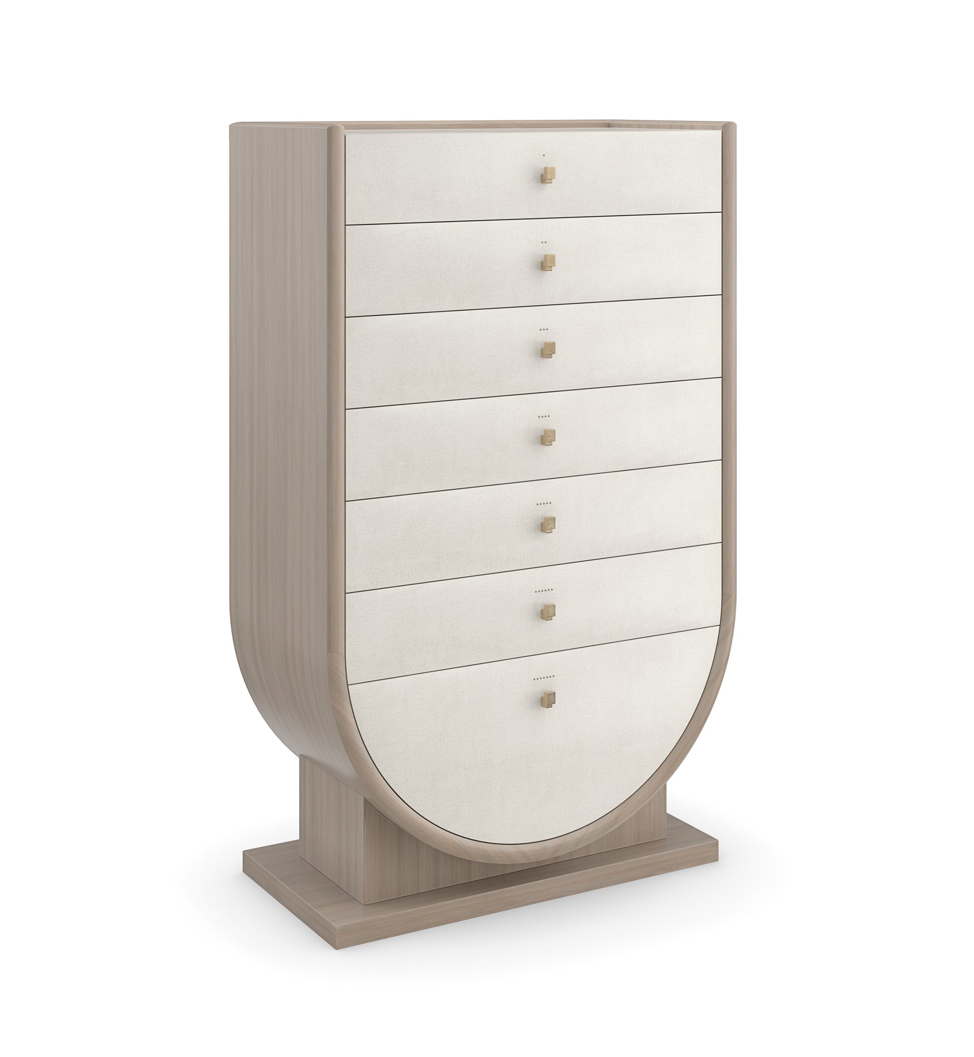 Elegant tall chest of drawers with a sculptural, Grecian-inspired form and textured finish, AMPHORA by Caracole.