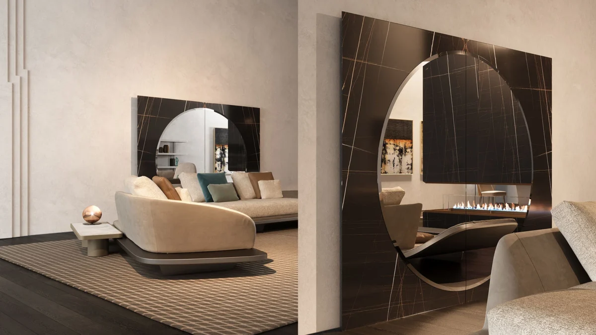 Mondrian Specchio by Reflex showcased in Troy Michigan showroom, modern Italian luxury mirror design.