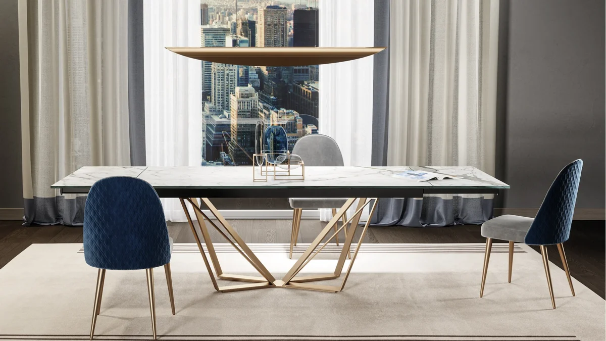 Papillon 72 Allungabile by Reflex showcased in Royal Oak Michigan showroom, modern Italian luxury extendable dining table with sculptural iron base and MarmoReflex top.
