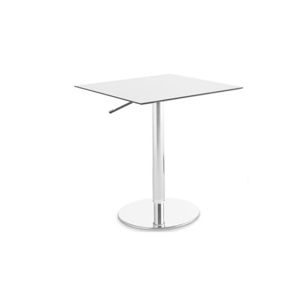 T2 Bistrot Squared Table by Casamania & Horm – Designed by StH, featuring a height-adjustable chromed metal base with gas lift (67–107 cm) and a square HPL top (70 x 70 cm), suitable for contract and hospitality use.