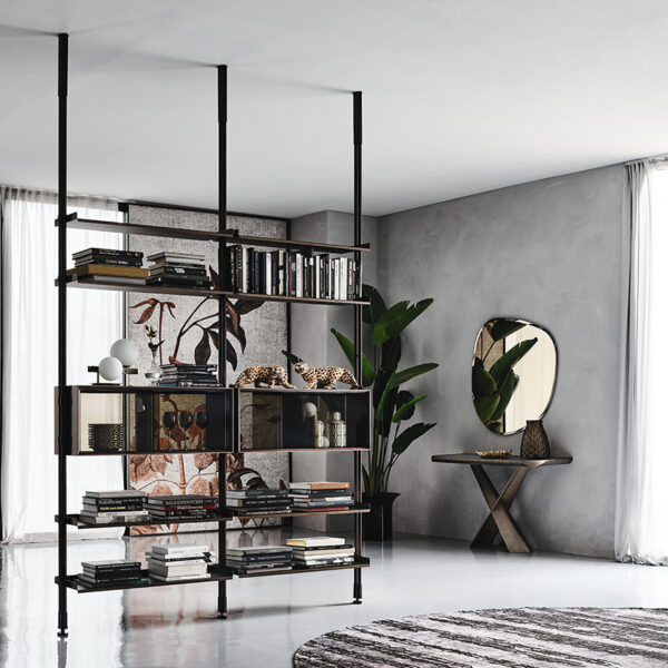 “FREEWAY by Cattelan Italia – modern Italian modular bookcase with ceiling or wall-mounted metal frame and wood shelves”
