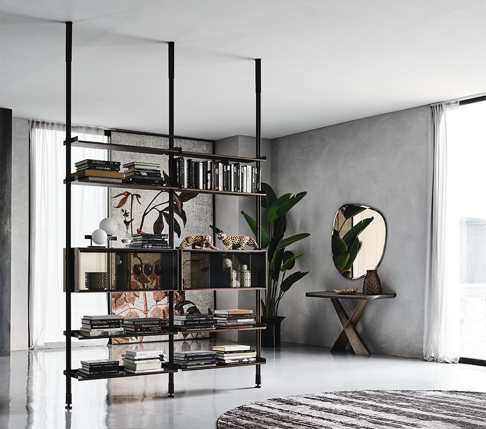 “FREEWAY by Cattelan Italia – modern Italian modular bookcase with ceiling or wall-mounted metal frame and wood shelves”